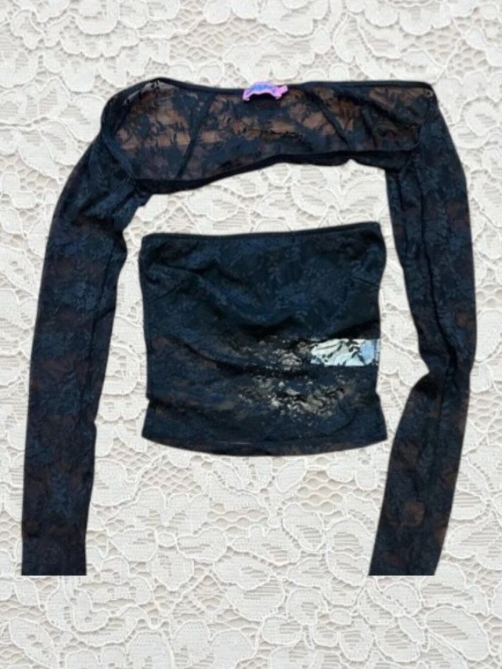 Edikted Two Piece Tube Top and Shrug Mesh Lace Set